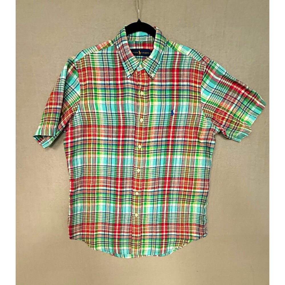 Ralph Lauren Polo Mens Medium Linen Shirt Short Sleeve Plaid Madras Patchwork M